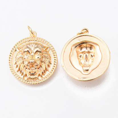 Brass Pendants, Nickel Free, with Jump Ring, Flat Round with Lion Hand