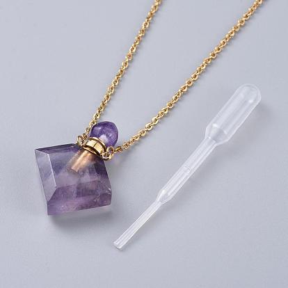 Natural Fluorite Perfume Bottle Pendant Necklaces, with Brass Cable Chains, Lobster Claw Clasps and Plastic Dropper, Rhombus, Platinum & Golden