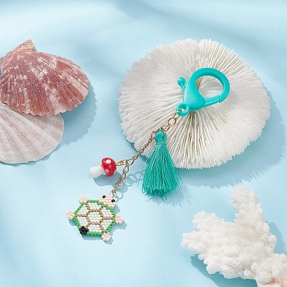 Tortue métier à tisser fait à la main motif perles de rocaille pendentif décorations, avec des breloques champignon et pompon au chalumeau, fermoir