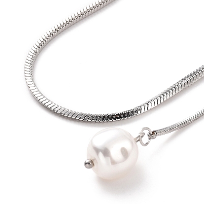304 Stainless Steel Round Snake Chain Necklace with Acrylic Pearl Tassel Charm for Women
