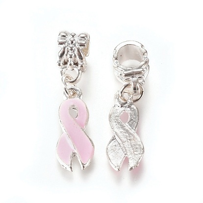 Alloy European Dangle Pendants, with Enamel, Silver Color Plated, Awareness Ribbon, 8x18x2mm, 28mm, Hole: 5mm