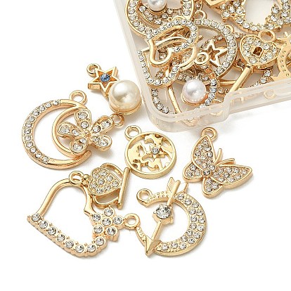 20 pcs 20 pendentifs en strass de cristal en alliage de style, avec perles en plastique ABS imitation perle, coeur et arbre et papillon et lune et couronne charmes