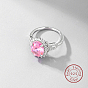 Rhodium Plated Sterling Silver Oval Adjustable Ring, with Pink Cubic Zirconia, with 925 Stamp