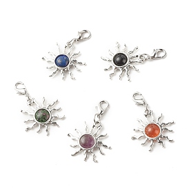 Natural Gemstone Pendants Decorations, with Alloy Sun and Zinc Alloy Lobster Claw Clasps