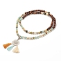 Om Mani Padme Hum Buddhist Necklace, Woven Net/Web with Tassel Pendant Necklace, Natural Obsidian & Flower Amazonite & Wood  Beads Necklace for Women