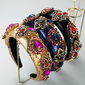 Bandeau en strass à paillettes de style baroque pour femme, Large bandeau en éponge de luxe vintage avec pierres précieuses colorées