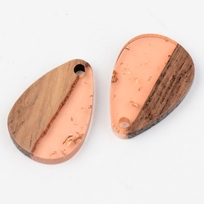 Transparent Resin & Walnut Wood Pendants, with Gold Foil, Teardrop
