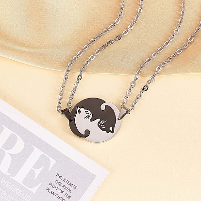 Two Tone Flat Round Puzzle Matching Necklaces Set, Cat Yin Yang Pendant Necklaces, Love Magnetic 316L Surgical Stainless Steel Necklaces for Women Men Lovers Gift