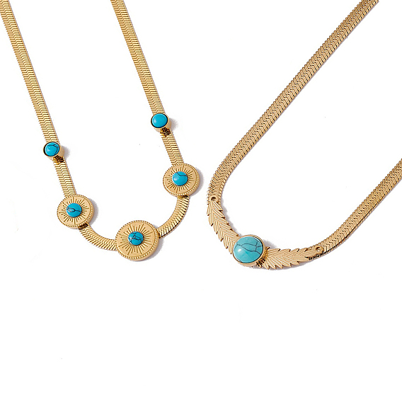 Synthetic Turquoise Pendant Necklace with 304 Stainless Steel Herringbone Chains, Golden
