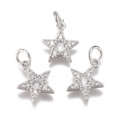 Brass Micro Pave Cubic Zirconia Charms, with Jump Ring, Long-Lasting Plated, Pentagram Star