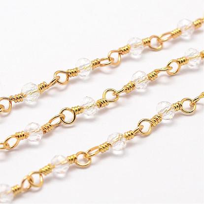 Natural White Jade Beaded Chains, Handmade Chains, with Spool, Unwelded, Dyed, Faceted Rondelle, with Brass Findings, Golden