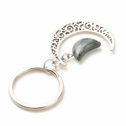 Mixed Stone and Tibetan Style Alloy Keychain, with Iron Split Key Rings, Moon