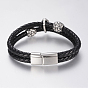 Braided Leather Cord Multi-strand Bracelets, with 304 Stainless Steel Beads Findings and Magnetic Clasps, Buddha