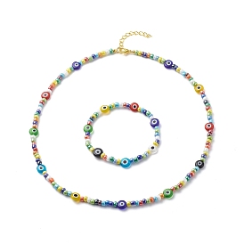 Lampwork Evil Eye & Glass Seed Beaded Necklace Stretch Bracelet, Jewelry Set for Women