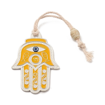Hamsa main/main de miriam avec des décorations de pendentif en résine d'alliage de mauvais œil, ornements suspendus à pompons en jute, argent antique
