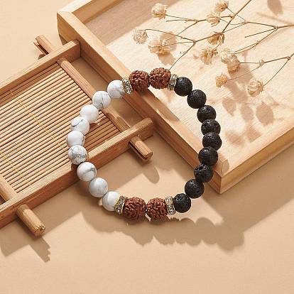 Natural Rudraksha & Howlite & Lava Rock Round Beaded Stretch Bracelet, Essential Oil Gemstone Yoga Jewelry for Women