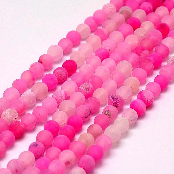Frosted Natural Agate Beads Strands, Round, Dyed & Heated