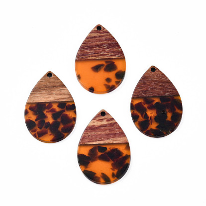 Transparent Resin & Walnut Wood Pendants, Teardrop Charm