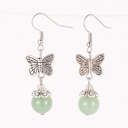 Butterfly Alloy Dangle Earrings, with Natural Gemstone Bead and Brass Earring Hooks, 49mm, Pin: 0.6mm