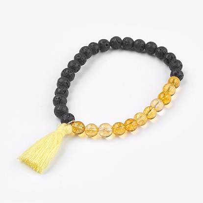 Natural Gemstone Stretch Bracelets, with Lava Rock and Cotton Thread Tassel