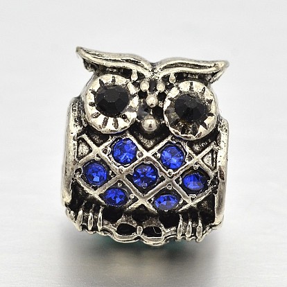 Owl Alloy Rhinestone European Beads, Large Hole Beads, 12x10x9mm, Hole: 4.5mm