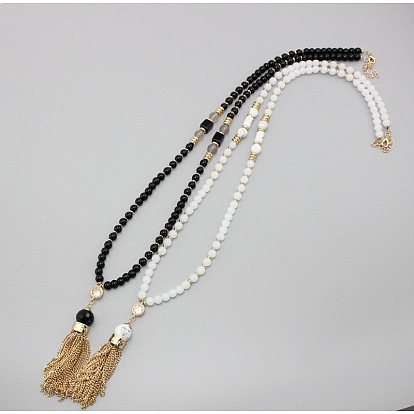 Black and White Beaded Tassel Necklace with Sparkling CZ Chain - European Style Jewelry
