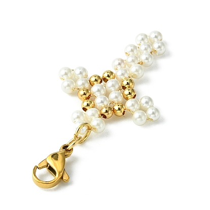 Cross & Anchor Shell Pearl & Brass Beaded Pendant Decoration, with 304 Stainless Steel Lobster Claw Clasps