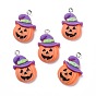 Pendentifs en résine opaque d'halloween, avec boucles en fer couleur platine, citrouille avec chapeau violet