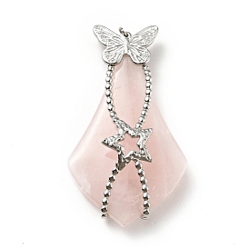 Natural Rose Quartz Big Pendants, Rhombus Charm, with Stainless Steel Color Tone Butterfly & Star 304 Stainless Steel Findings
