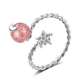 Кольцо в виде сердца девушки с клубничным кристаллом - кольцо на указательном пальце со звездой и луной, кольцо с лунным камнем.