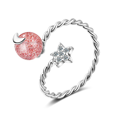 Strawberry Crystal Girl Heart Ring - Star Moon Index Finger Ring, Moonstone Ring.