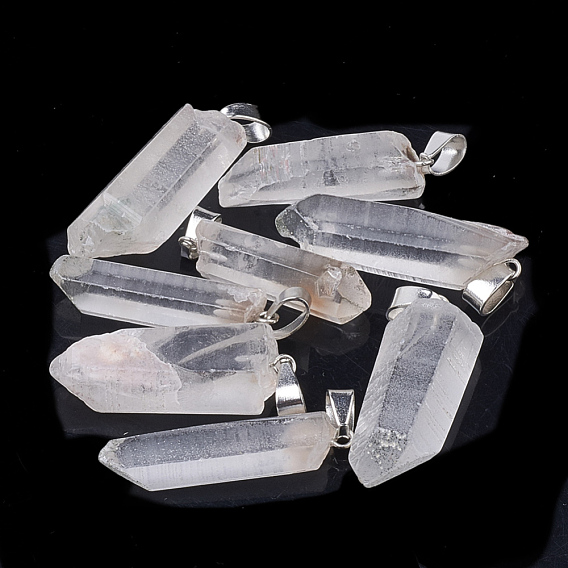 Pendeloques de cristal de quartz naturel, cristal de roche, avec les accessoires en fer de tonalité de platine, prismes hexagonaux