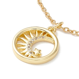 Zircon cubique clair plat rond avec collier pendentif étoile du soleil, 304 bijoux en acier inoxydable pour femmes