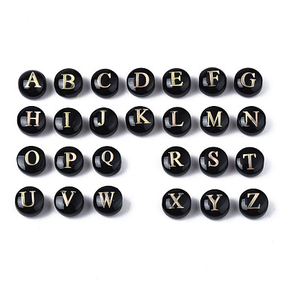 Handmade Lampwork Beads, with Golden Plated Brass Etched Metal Embellishments, Flat Round with Alphabet