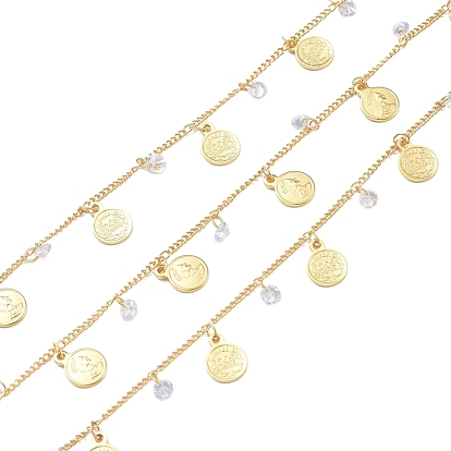 Handmade Brass Curb Chains, Soldered, with Flat Round Coin Charm, Clear Cubic Zirconia and Spool, Long-Lasting Plated