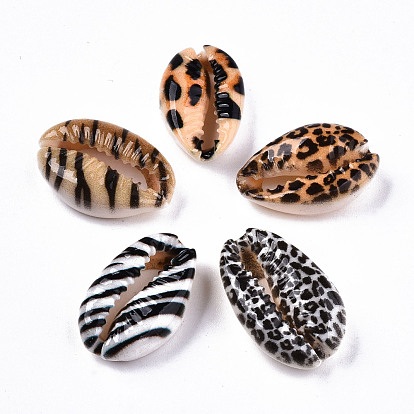 Perles de coquillage cauri naturel imprimées, pas de trous / non percés, avec motif de peau d'animal
