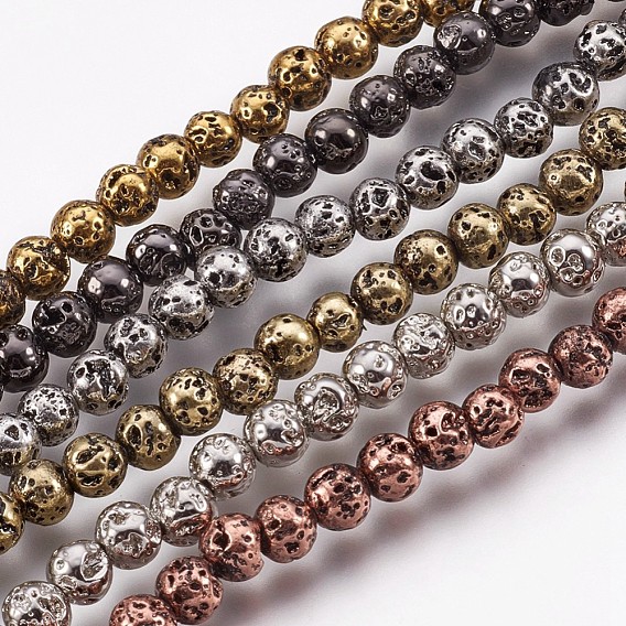 Electroplate Natural Lava Rock Beads Strands, Long-Lasting Plated, Round, Bumpy