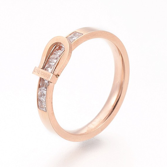 304 Stainless Steel Finger Rings, with Cubic Zirconia, Real 18K Gold Plated