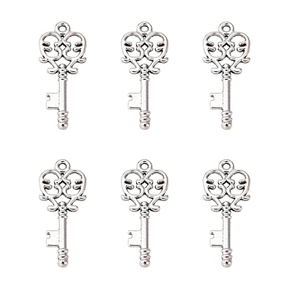 Tibetan Style Pendants, Skeleton Key Pendants, Lead Free and Cadmium Free, Antique Silver, 33mm long, 14mm wide, 2mm thick, hole: 2mm