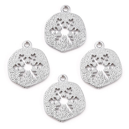 Brass Charms, Flat Round with Snowflake, Nickel Free