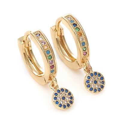 Brass Micro Pave Cubic Zirconia Huggie Hoop Earrings, Long-Lasting Plated, Flat Round, Colorful