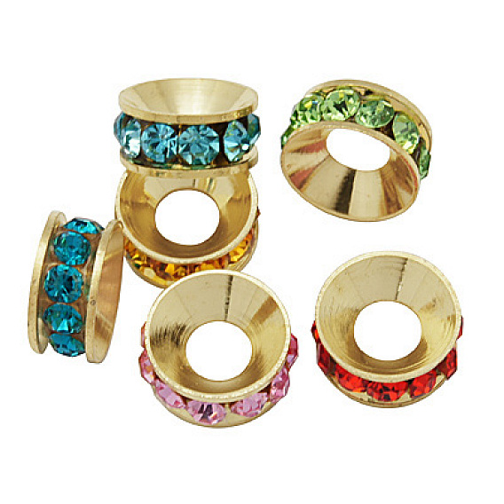 Séparateurs perles en verre avec strass en laiton, Grade a, rondelle, couleur de métal d'or clair