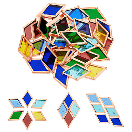 Olycraft 36Pcs 6 Colors Colored Glass Mosaic Tiles, with Rose Gold Brass Edge, for Mosaic Wall Art, Turkish Lamps, Rhombus