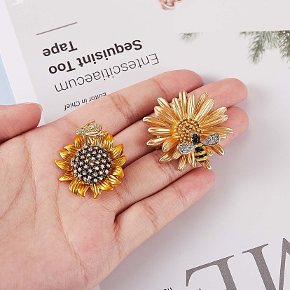 2 piezas 2 pines de insignias de zirconia cúbica transparente estilo girasol y abeja con esmalte, broches de aleación para ropa de mochila, dorado