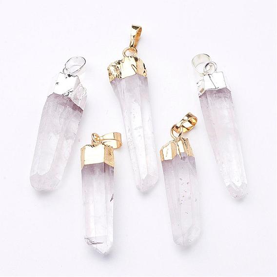 Natural Quartz Crystal Pendants, Rock Crystal, with Brass Findings, Nugget, 30~75x5~15mm, Hole: 8x5mm