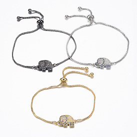 Bracelets réglables en laiton à micro-pavé de zircone cubique, bracelets bolo, éléphant, colorées