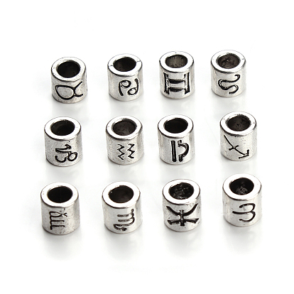Antique Silver Plated Alloy European Beads, Large Hole Beads, Column with Twelve Constellations