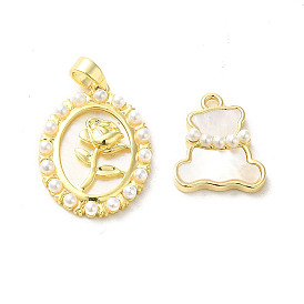 Oval/Bear Brass Pave Natural White Shell Pendants, with Plastic Pearl, Real 14K Gold Plated