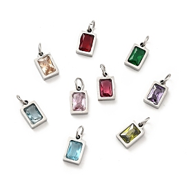 304 Stainless Steel Pendants, with Cubic Zirconia and Jump Rings, Single Stone Charms, Rectangle