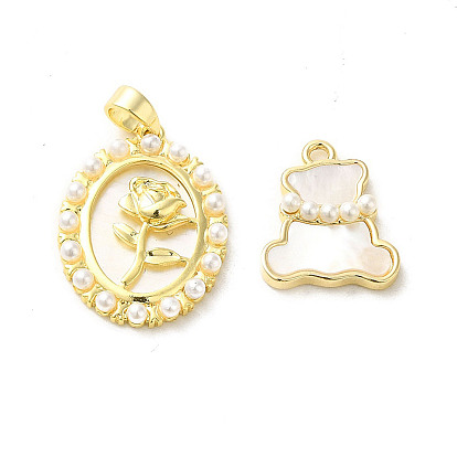 Oval/Bear Brass Pave Natural White Shell Pendants, with Plastic Pearl, Real 14K Gold Plated